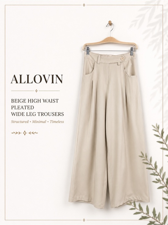 Allovin Pants - Allovin Beige High Waist Pleated Wide Leg Trousers Small